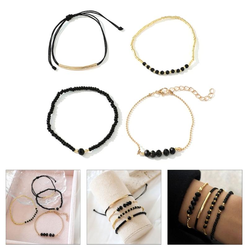 Elegant Black Crystal Imitation Bead Bracelet Set for Women Adjustable Length Handchain Fashion Jewelry Accessories