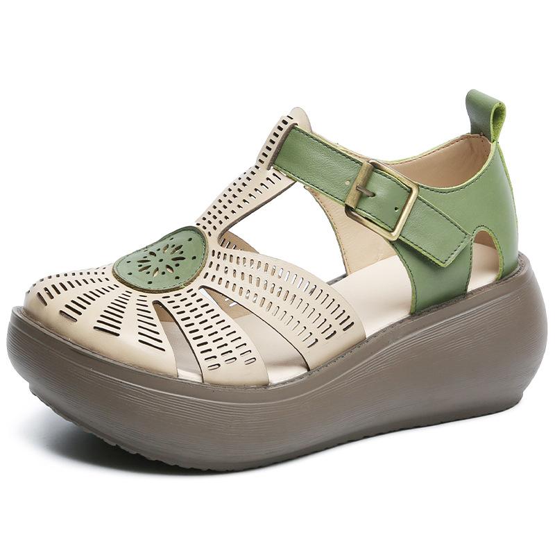 Fashion GKTINOO Genuine Leather Shoes Women Sandals Mixed Colors Retro Buckle Strap 2025 New Wedges Handmade Concise Platform Sandals