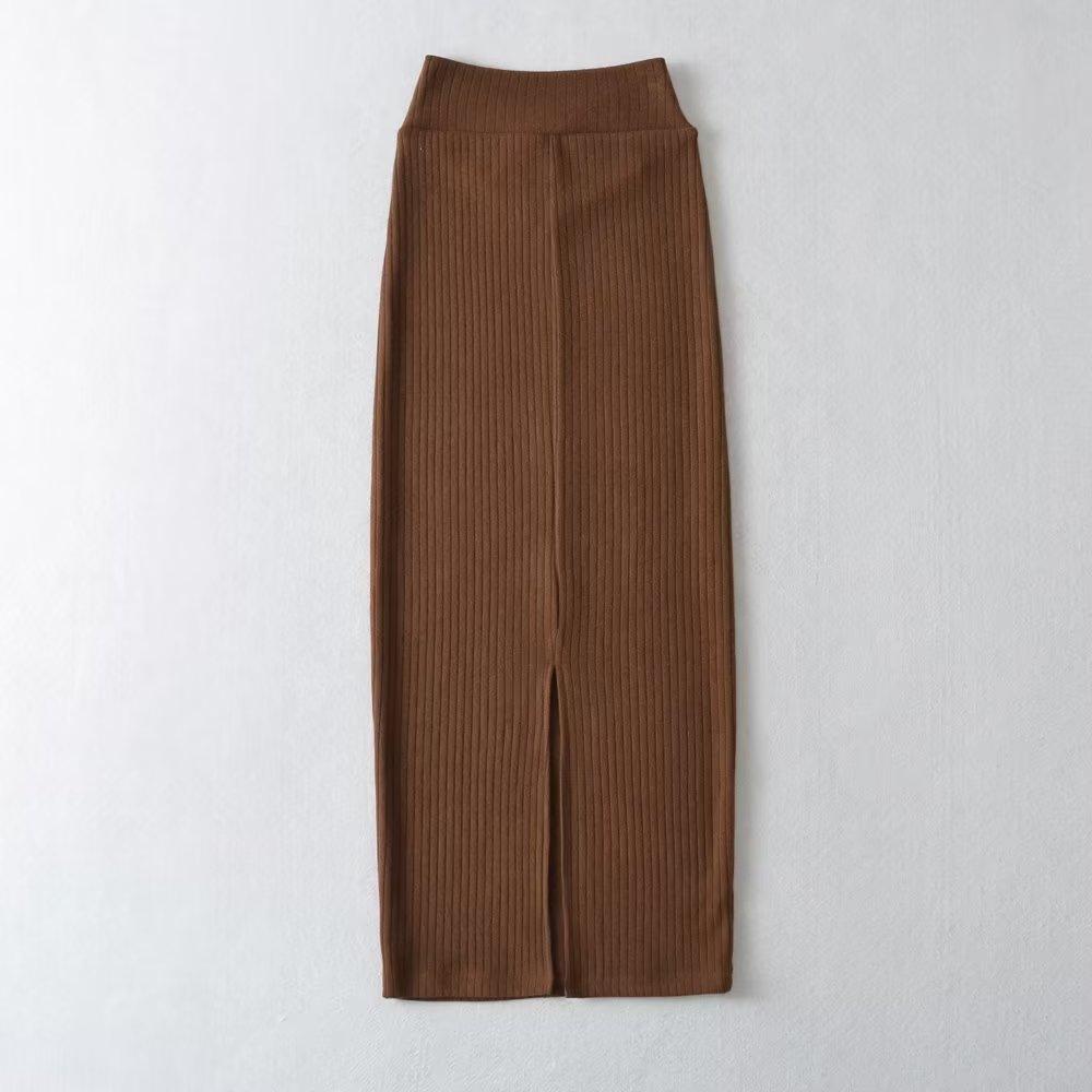 Trendy Women's European & American Style V-Neck High Waist Knitted Midi Skirt with Back Slit