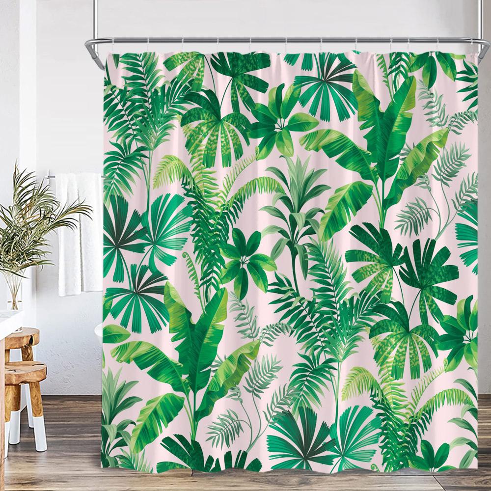 Tropical Leaf Shower Curtain Green Leaves Tropics Jungle Flower Floral Bathroom Decor Plants Polyester Bathtub Curtain with Hook
