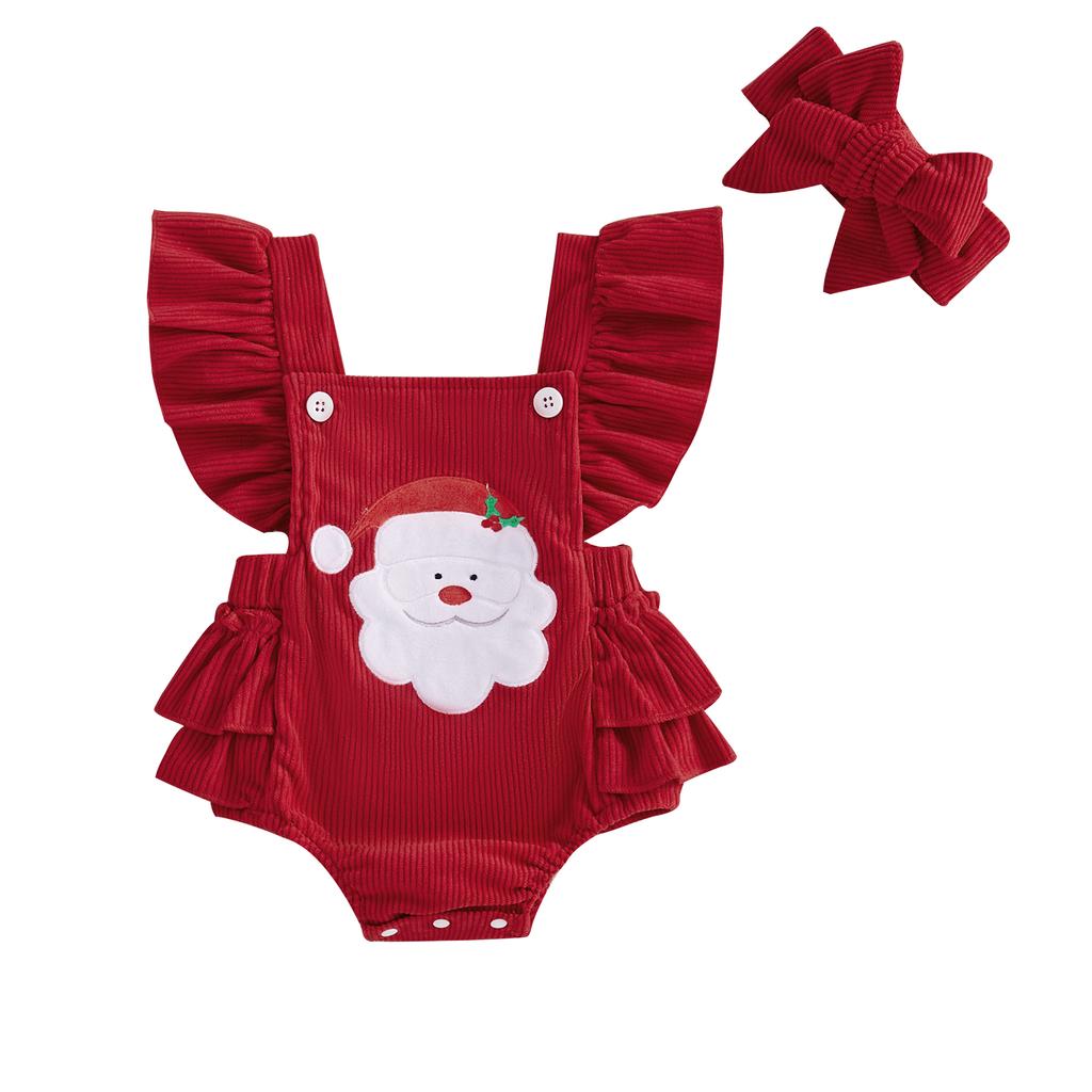 Baby Girl Overalls Romper Christmas Tree/Santa Embroidered Sleeveless Square Neck Corduroy Jumpsuits Headband
