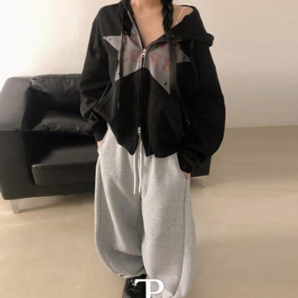 The Pink Unisex Loose Fit Eyelet Star Print 2way Hoodie Jacket