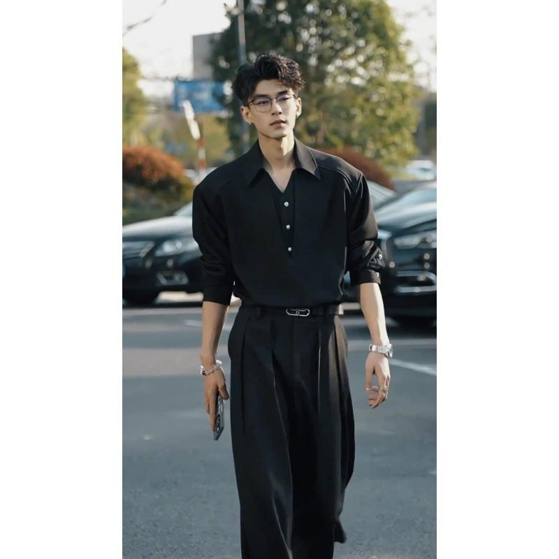 Fake Two-piece Spliced Long-sleeved Shirt for Men with Handsome Niche Shoulder Pad V-neck