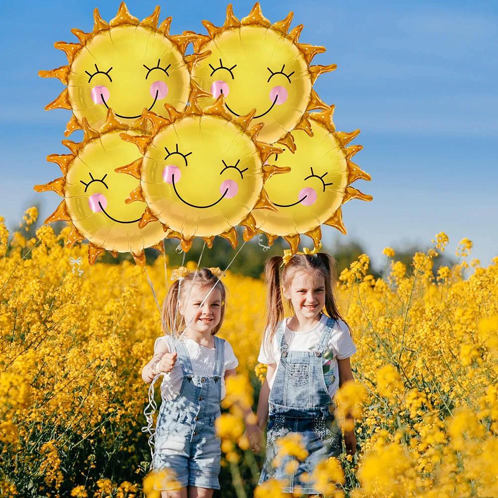 5Pcs 26Inch Smile Face Sun Balloon for Party Mylar Sunshine Balloons Summer Balloon for Sunshine First Kids Birthday Decorations