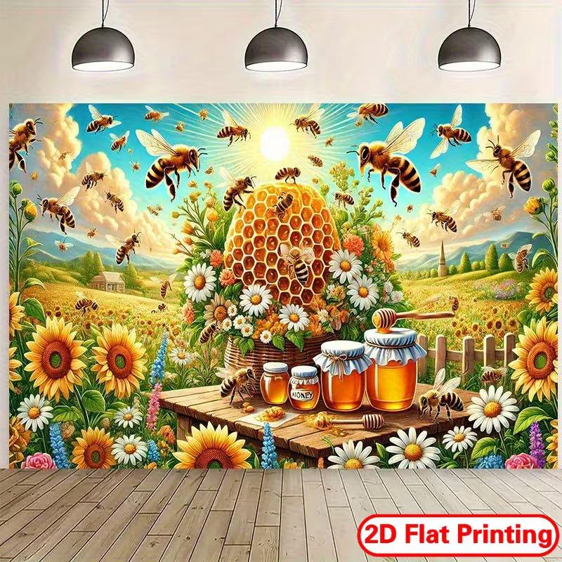 2D Country Sunflower Daisy Meadow Honey Jar Background for Rustic Farm Party Decoration 47.2x31.5inch/120*80cm