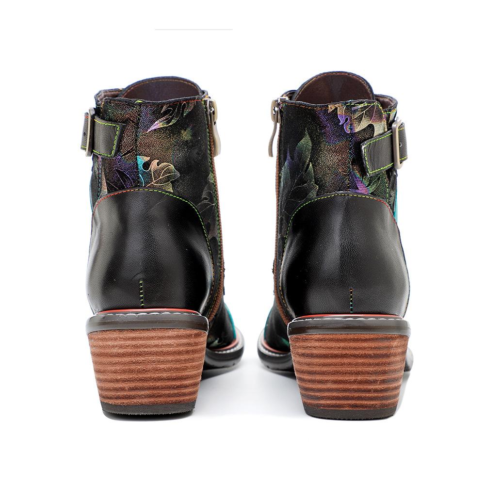Johnature Handmade Printing Contrast Short Boots Retro Casual Comfort Genuine Leather Women Shoes