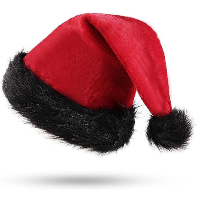Red Christmas Hat for Adults - Plush Style with Black Brim, Holiday Costume Prop & Decoration, Cute Small Gift for Friends