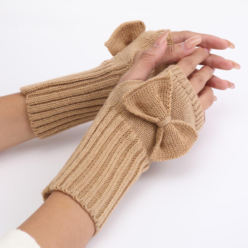Thick Warm Bowknot Knitted Gloves Soft Half Finger Gloves Cute Arm Warmers  Women Girls