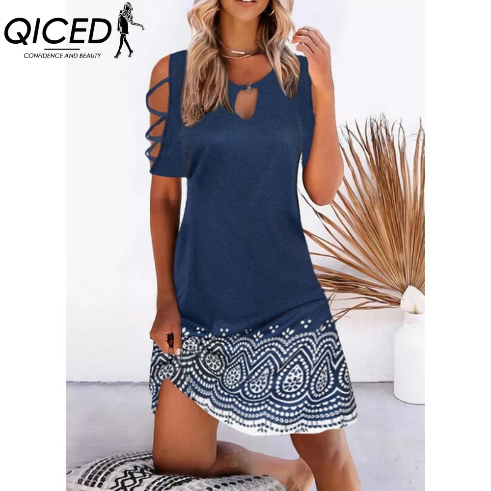 QICED 13 Color Women Floral Print Dress Summer Sexy Short Sleeve O-Neck Mini Dresses Female Vintage Elegant Dress