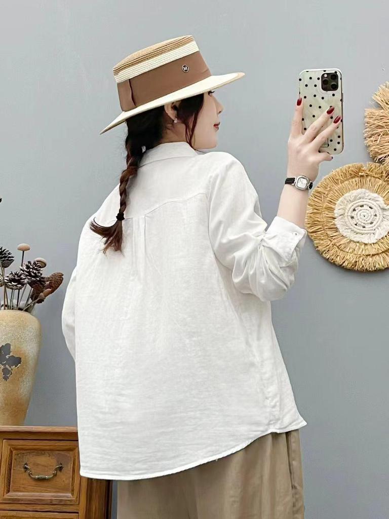 2026 Spring Artistic Long Sleeve Double Layer Cotton Gauze Shirt - Women's Loose, Slimming, Solid Color Top