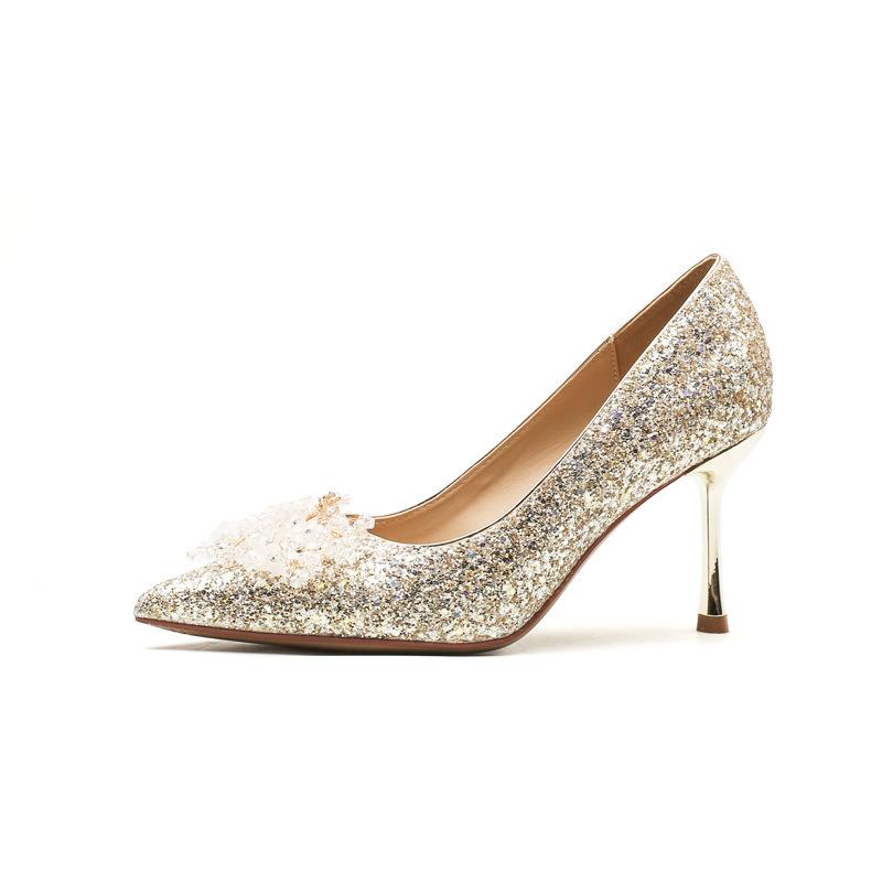 High heels are not tired of feet, silk sequins, flower shoes, thin heels, women's shoes, versatile pointed single shoes, sandals, women's summer