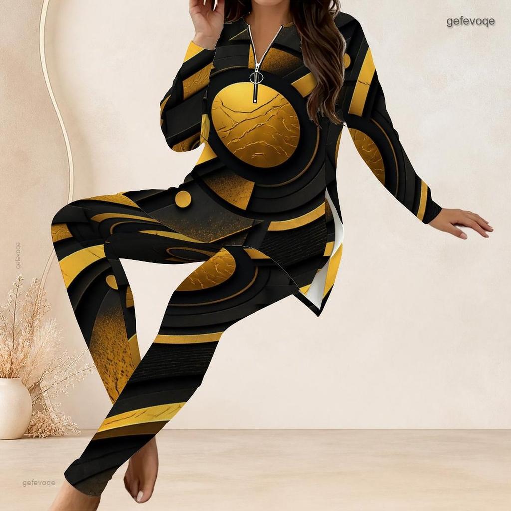 Women Plus Size Printed Light Purple Half Zip Long Sleeve Longline Top Fitted Pants Two Piece Set