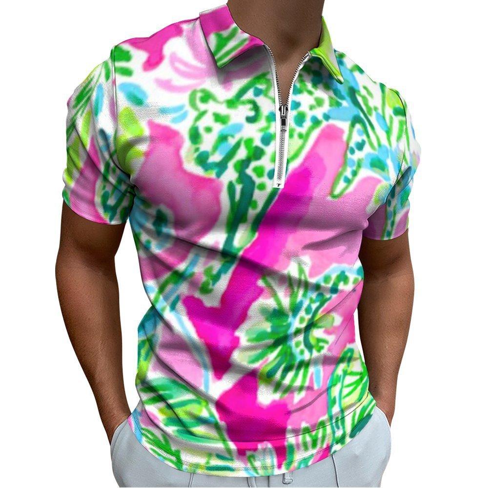 Zip-collar short-sleeve polo with artistic whale wave print, trendy casual wear.
