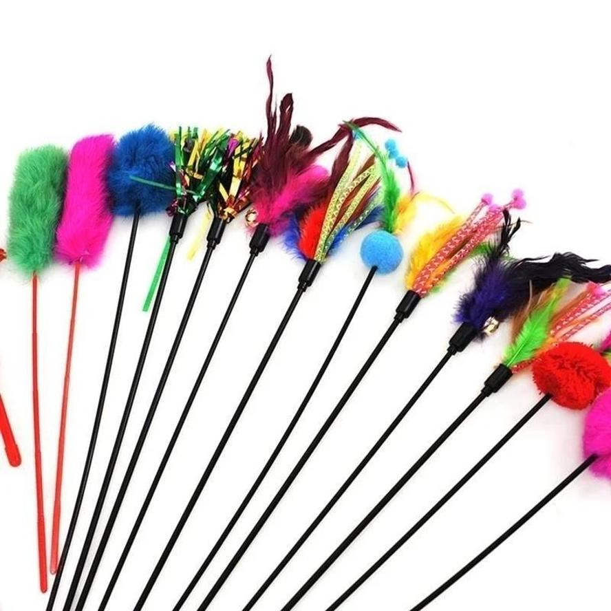 5 Pcs Kitten Pet Cat Teaser Turkey Feather Interactive Fun Toy Wire Chaser Wand + Bell Pet Products Cat Toys Interactive