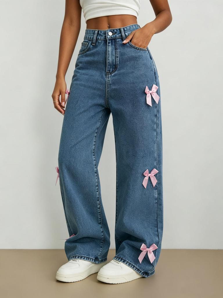 Women's Trendy Bow Straight-Leg Wide-Leg Jeans