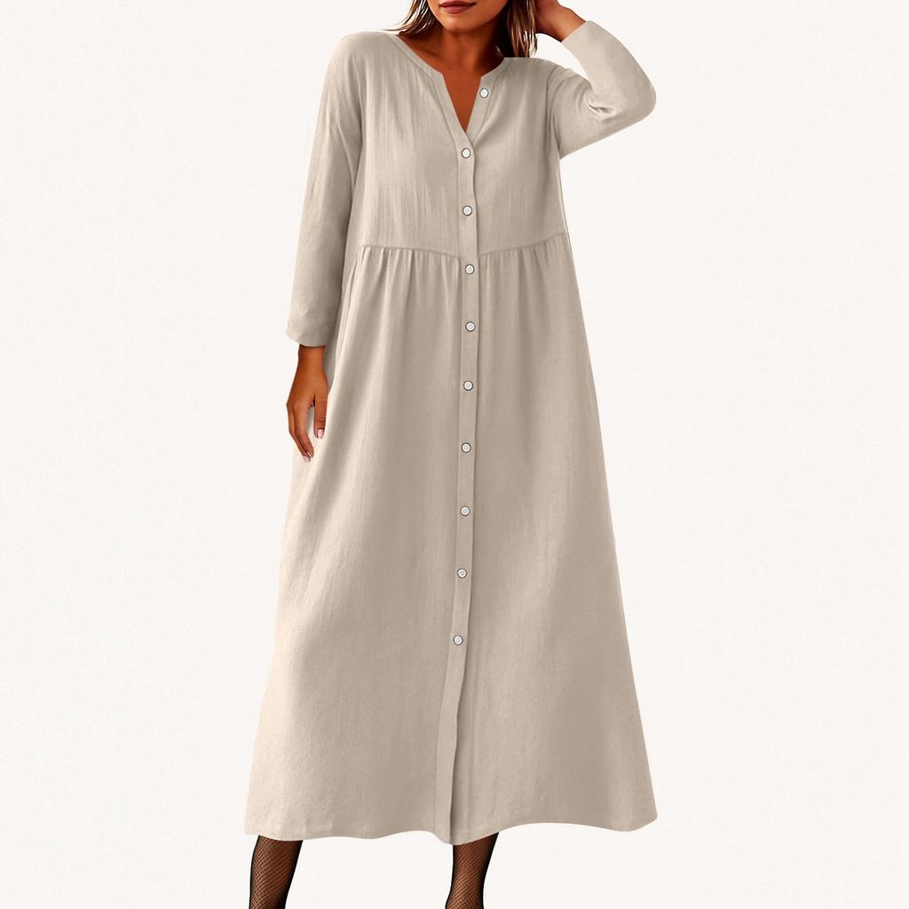 Women's Fashionable Solid Color Round Neck Seven Quarter Sleeve Button Loose Shirt Dress