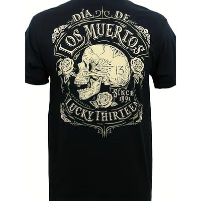 Europäische Größe Herren Gothic Mexikanisches Tag der Toten T-Shirt - Totenkopf & Calavera Aufdruck mit spanischer Beschriftung, Lässiges Rundhals-Kurzarm-T-Shirt