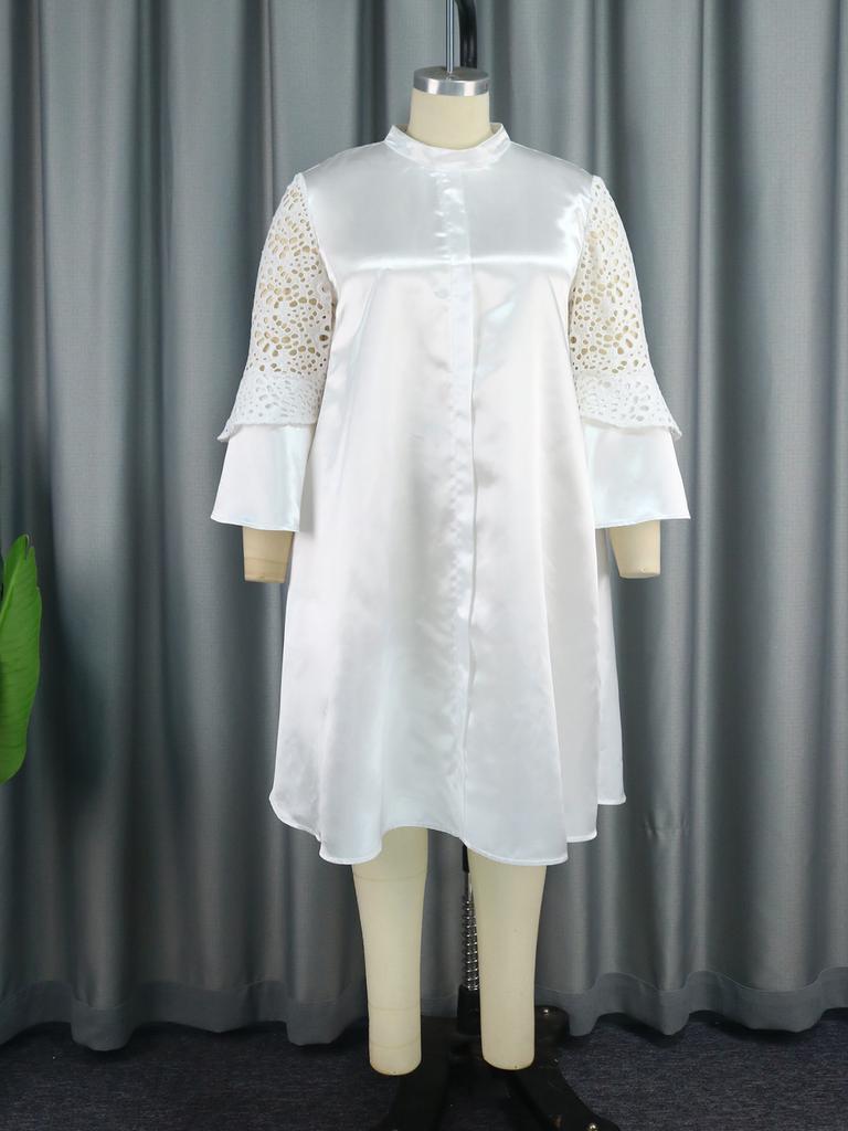 AOMEI Rochii albe din satin ocazional pentru femei Toamna Dantela Patchwork Jumătate cu mânecă Confortabil Modestă Elegantă Femeie Africană Lucru de birou Nou