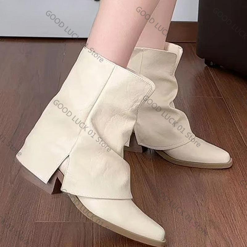 Fashion Vintage Thick Heel Women Ankle Boots Fashion Pointed Toe Pleated Shoes Autumn Winter Ladies Elegant Trouser Legs Short Booties