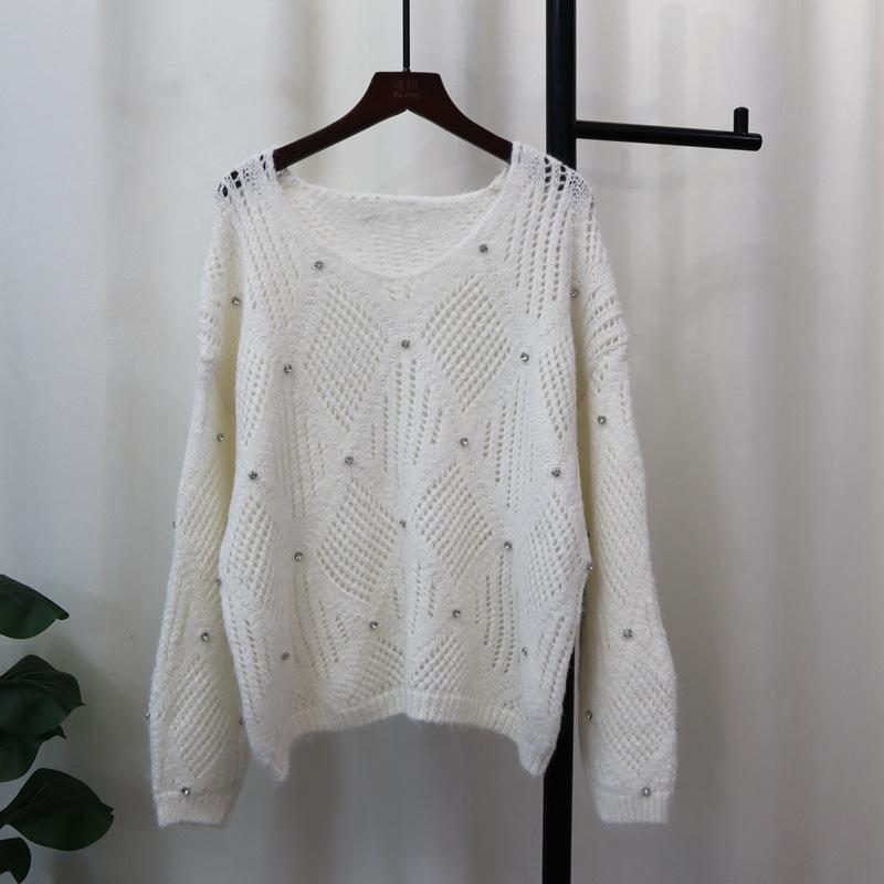 Heavy Industry Nail Drill Design Sense Knitted Sweater Top Autumn New Loose Hollow Sweater Pullover Women