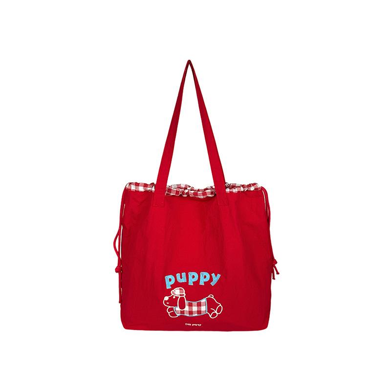 Korean cute puppy embroidered shoulder bag new college style drawstring tote bag large capacity versatile canvas bag