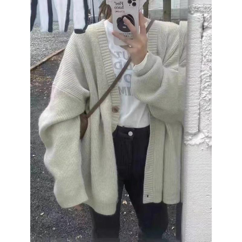 Autumn and winter V-neck loose soft waxy solid color knitted cardigan sweater casual versatile lazy style design women's coat