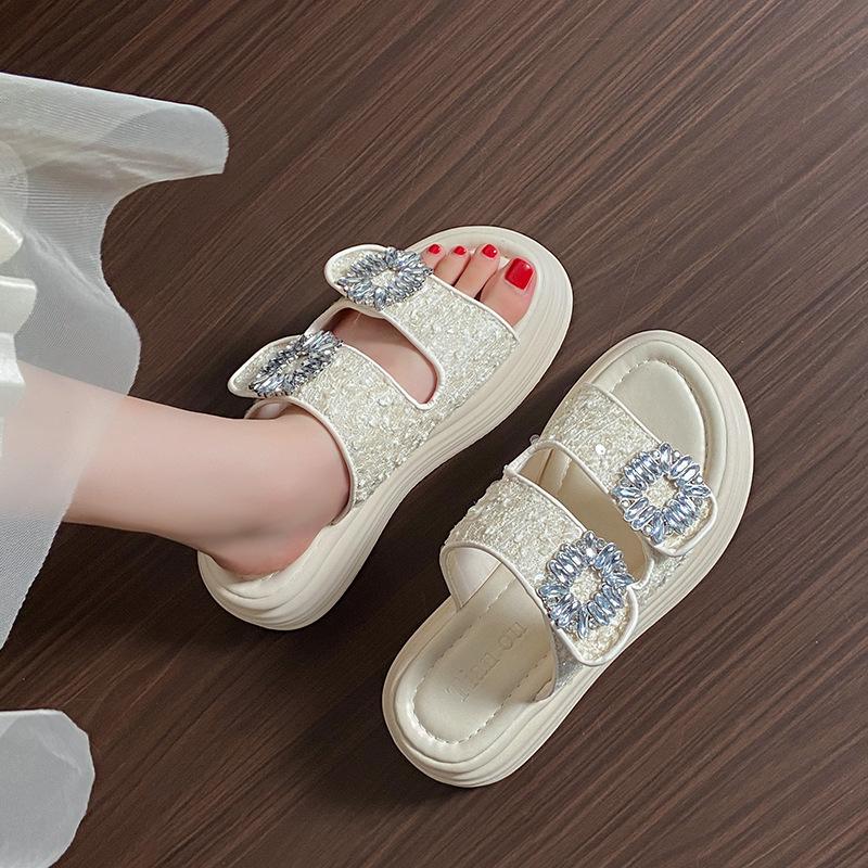 Fashion Thick Soled 2025 Summer New Casual Square Buckle Water Diamond Double Strap One Line Slipper for External Wear, Sandals