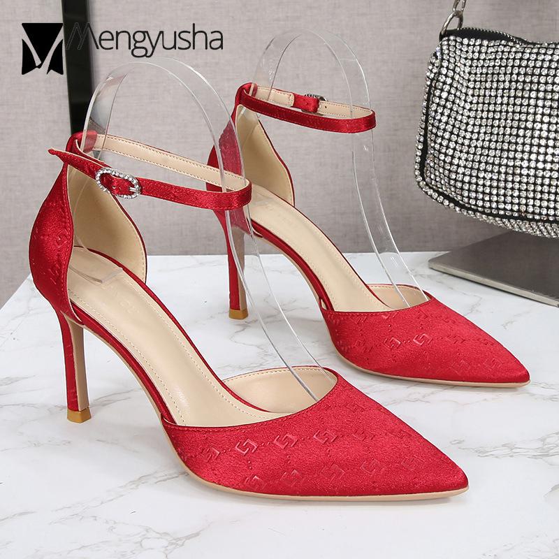 2024 Ladies Silk Champagne Shoes Ankle Strap Sandals Woman Narrow Band High Heels Stilletto Wedges Pumps OL Dress Party Sandalia