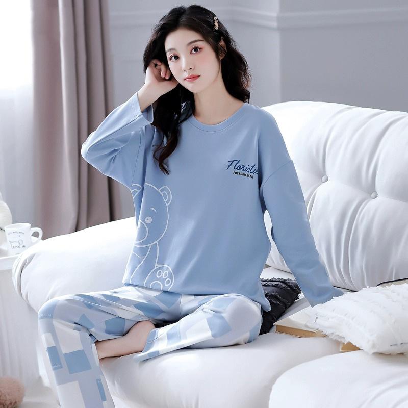 2Pcsset Women Pajamas Spring and Fall Long-sleeved Trousers Cartoon Cute Can Be Worn Outside Leisure and Comfortable Studen