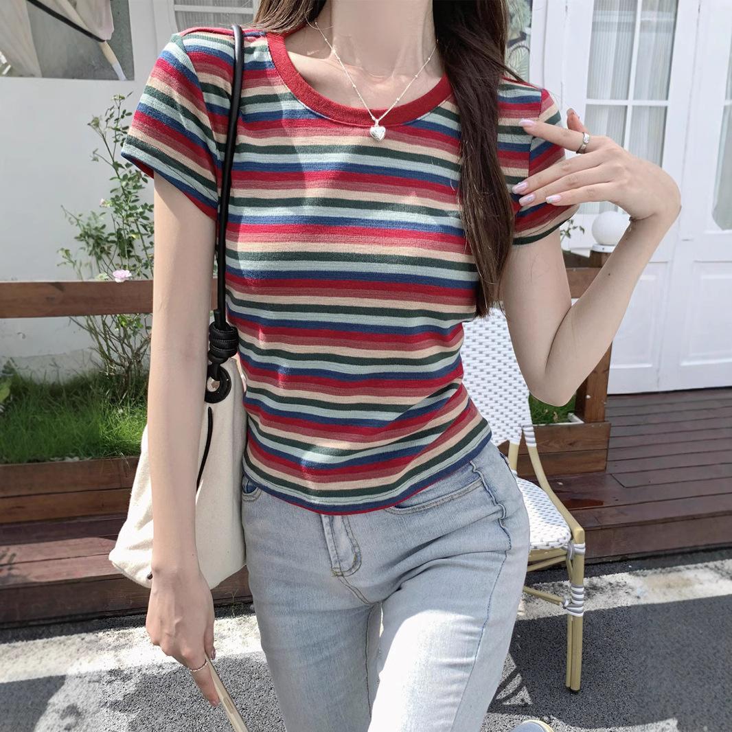 

Футболка в контрастную полоску цвета мяты Мамбо, летний новый стиль, небольшой, свежий и универсальный, облегающий и свободный топ для поездок на работу 2XL