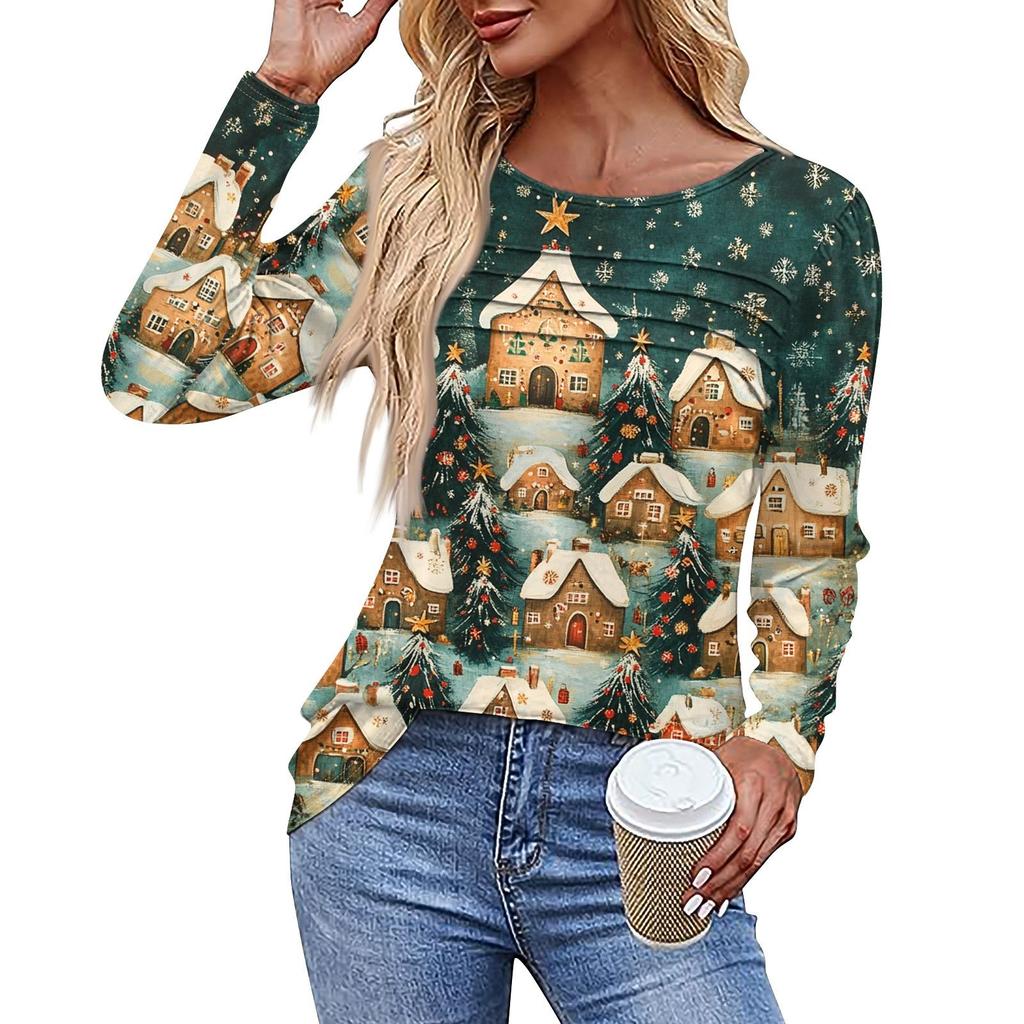 Ladies' Casual Fashion Printed Round Neck Long Pleated T-shirt Top Christmas