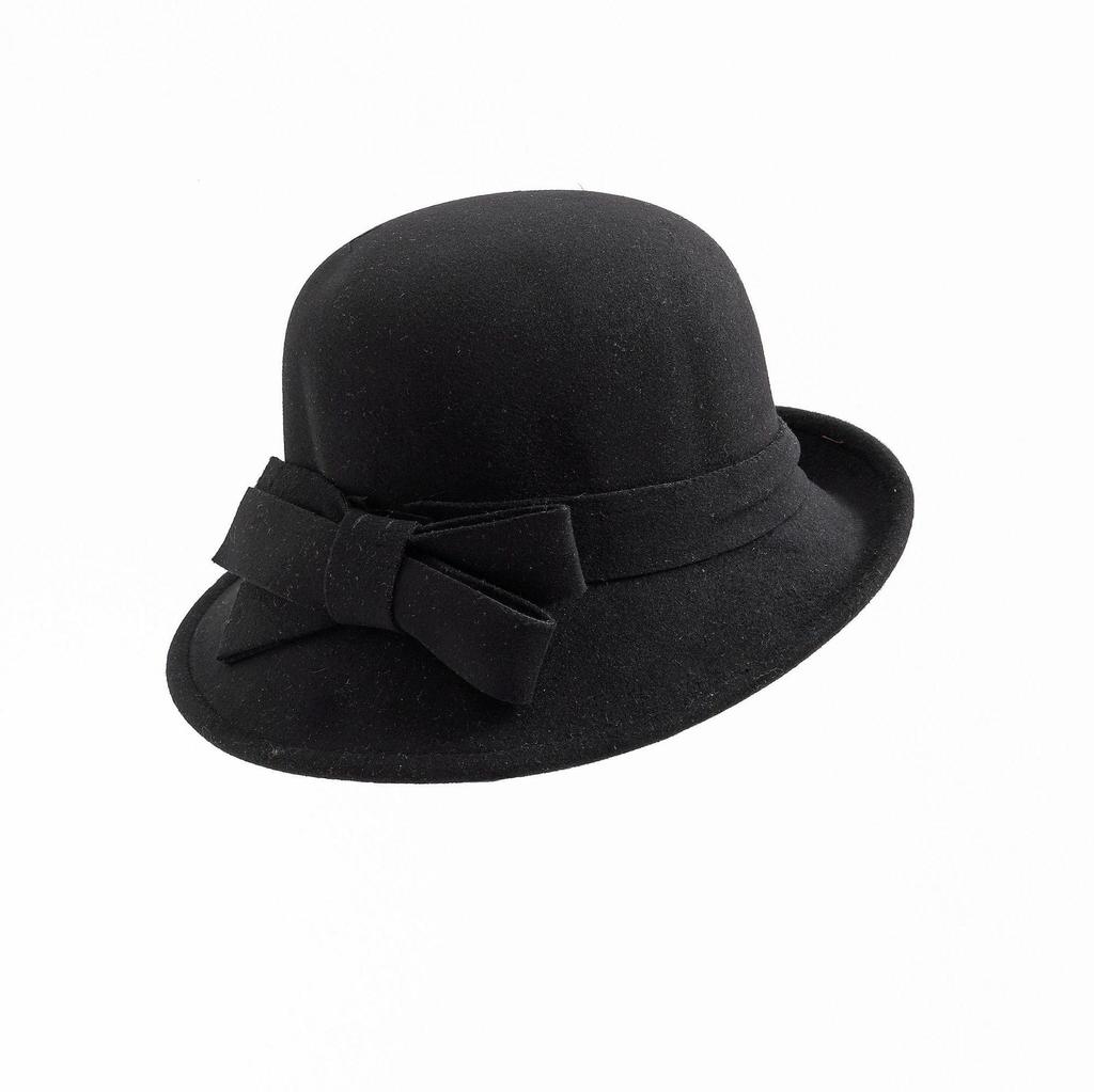Women's French Wool Felt Bucket Hat with Curled Brim – Warm, Bow-Tied, Autumn/Winter Style