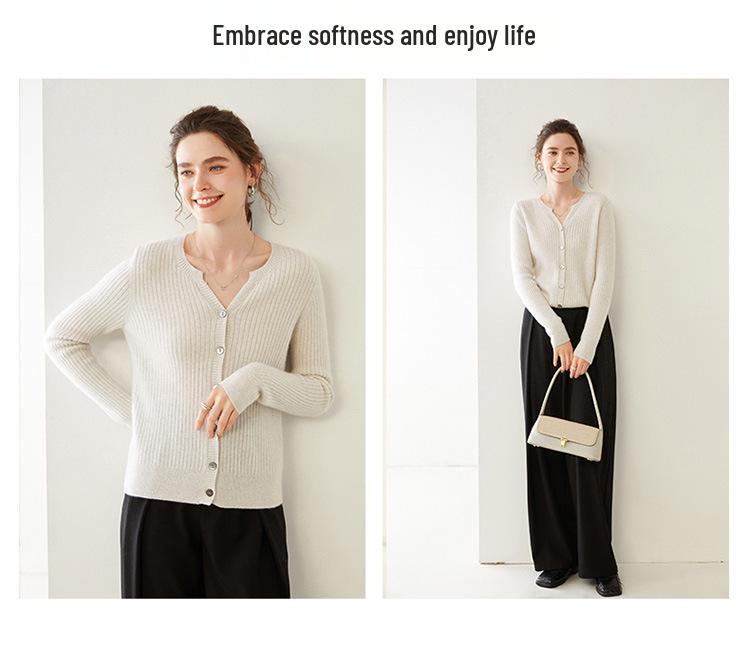 2024 Women's Fall/Winter Round-Neck Ribbed Cashmere Cardigan Sweater: Elegant Knitwear