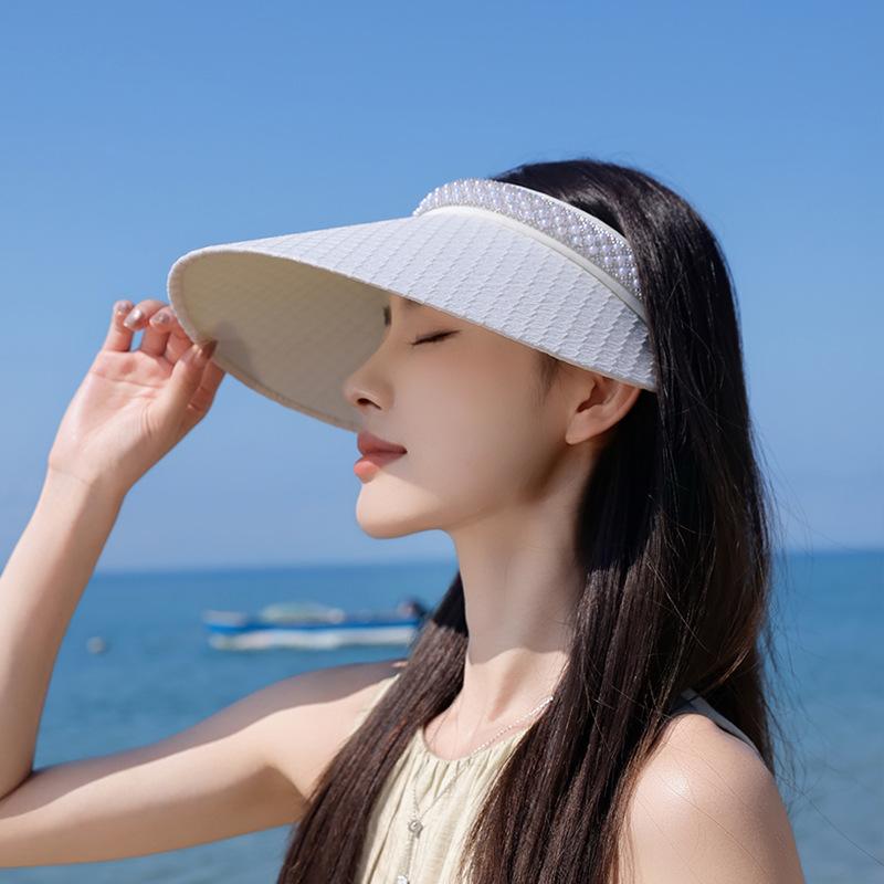 Summer Sun Hat Children's Versatile Fashion Pearl Empty Top Hat Headband Style Big Eaves Outdoor Sun Hat