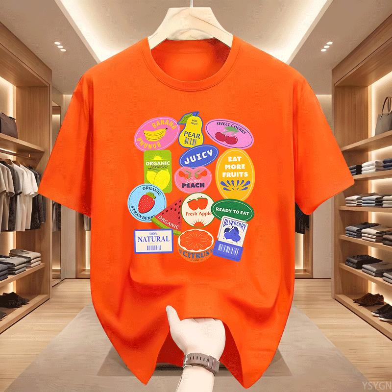 Summer Unisexs Fruit Stickers Graphic Print Tshirt Streetwear Oversized Loose Casual Short Sleeve Suitable For All Seasons Tops