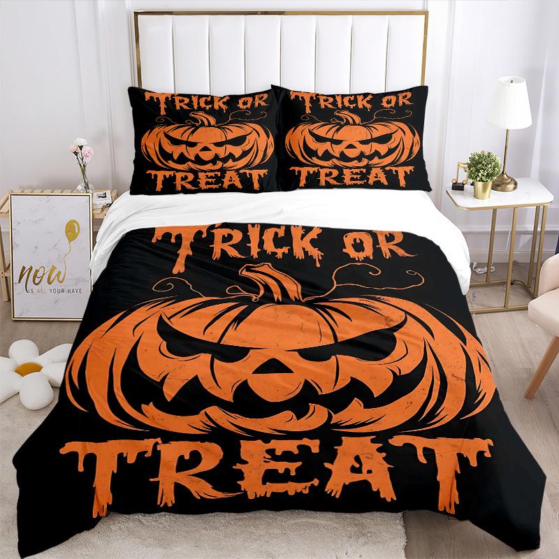 3pcs Halloween Trick or Treat Quilt Set Cartoon Themed Bed Quilt Set Lovely Character Bedroom Decor Bed Quilt Set Four Seasons (1 Cover + 2Pillow
