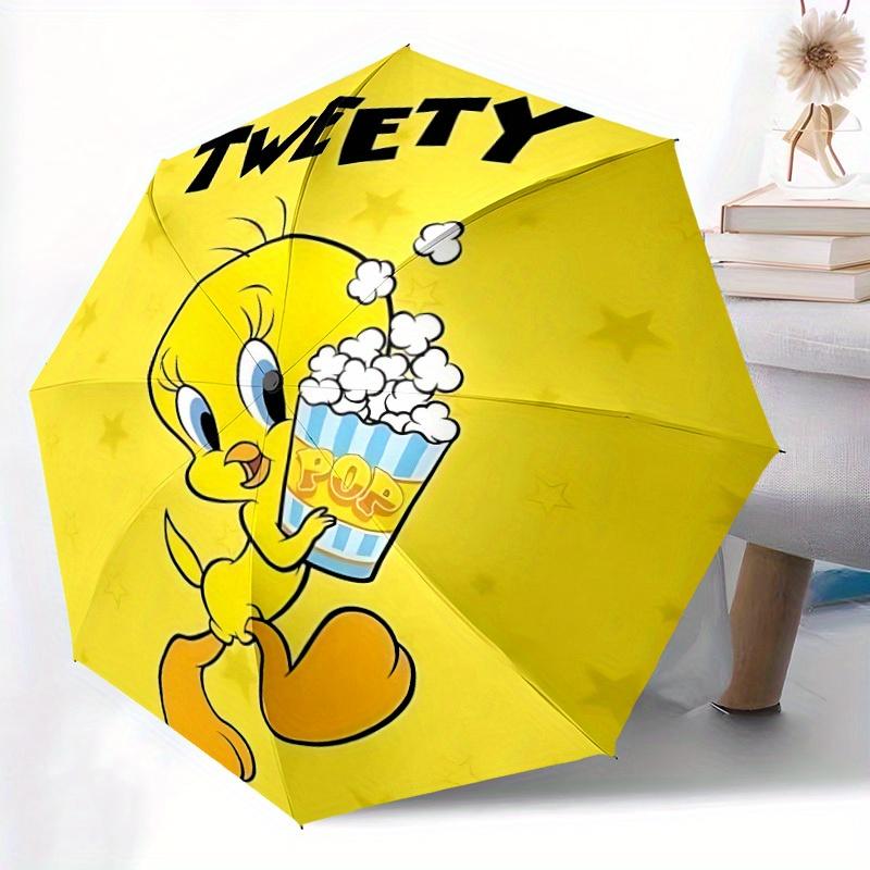 1PC Looney Tunes Tweety Popcorn Automatic Open/Close Umbrella - Compact Travel Umbrella, 8-Rib Heavy-Duty Construction, Ideal Gift a0828179