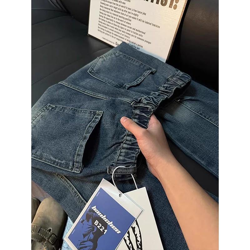 Mens American Deconstructed Rivet Work Jeans Slim Straight Fit Casual Denim Pants