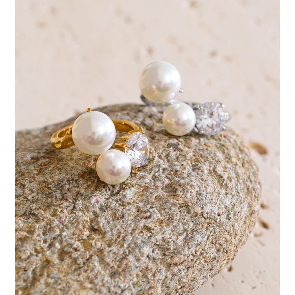 Yhpup Korean Simulated Pearls Cubic Zirconia Adjustable Chic Ring High Quality Stainless Steel Popular Jewelry Wholesale Gift