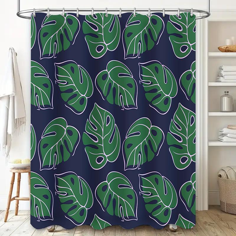 Modern Tropical Palm Leaves Shower Curtain Green Navy Blue Water-Resistant Fabric For Bathroom Decorations Easy Hanging Rod Incl