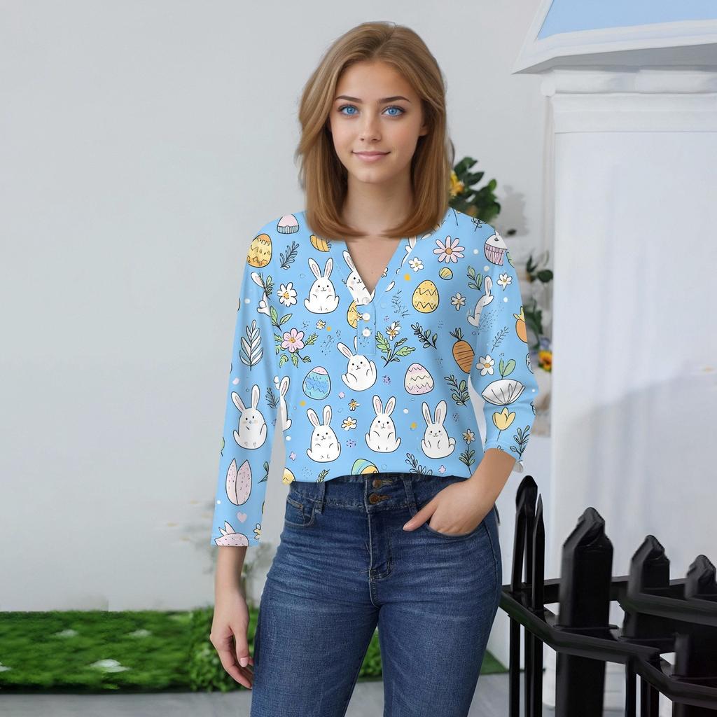 Damen T-Shirt mit Aufdruck, Knopfleiste, 3/4-Ärmel, für den Alltag, Wochenendmode, Basic, V-Ausschnitt, normales Oberteil