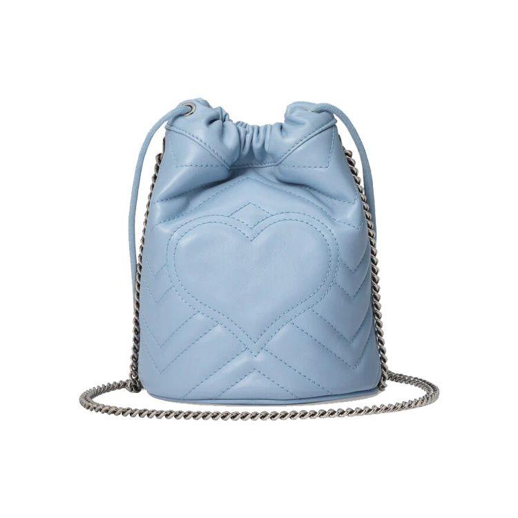 Gucci Borsa Secchiello Mini GG Marmont Pelle Azzurro Chiaro Hardware Argento Uso Quotidiano 575163-DTDRT-4928