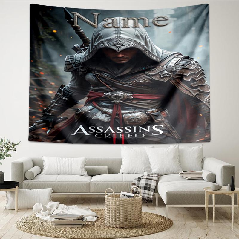 Custom Name Assassin's Creed Print Tapestry, Backdrop, Easy Setup, Ideal for Bedroom, Office & Living Room, with Aesthetic Wall Hanging Decor.