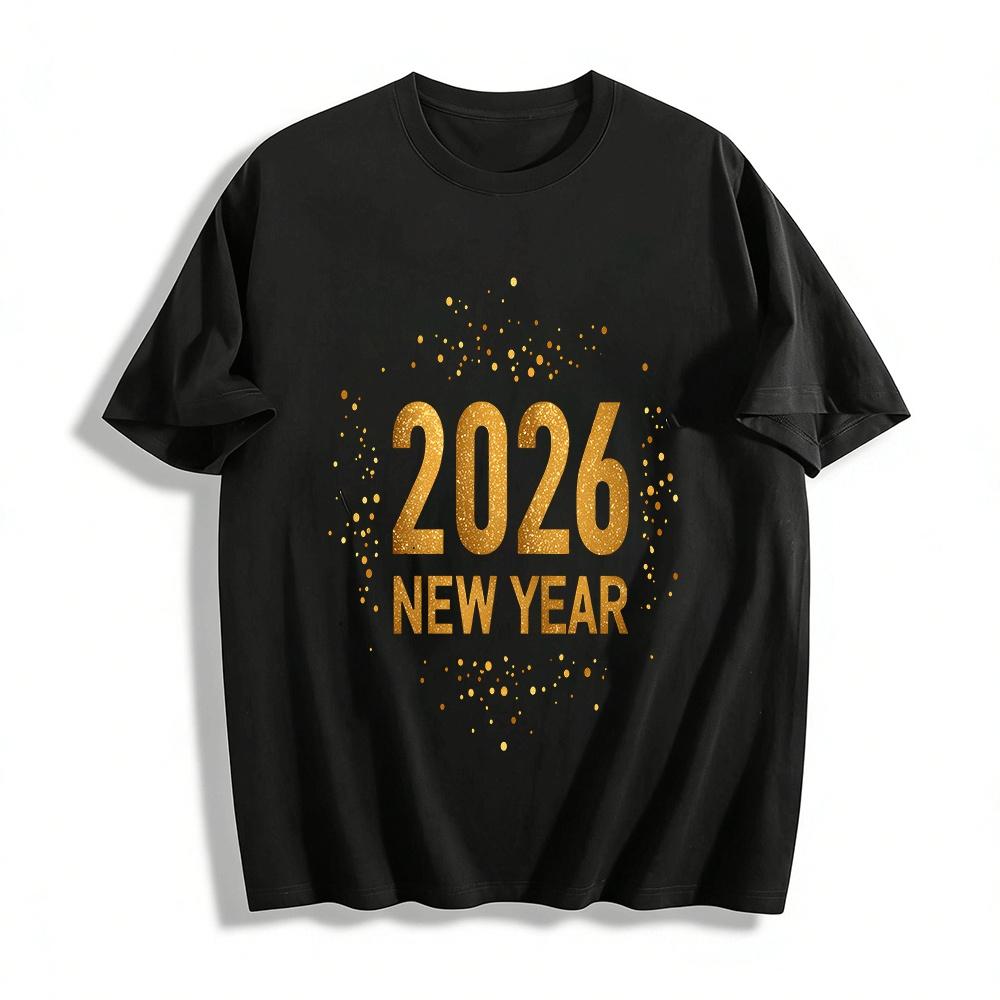 2026 New Year Theme Gold Glitter Print Casual Versatile Top Pure cotton T-shirt XXS