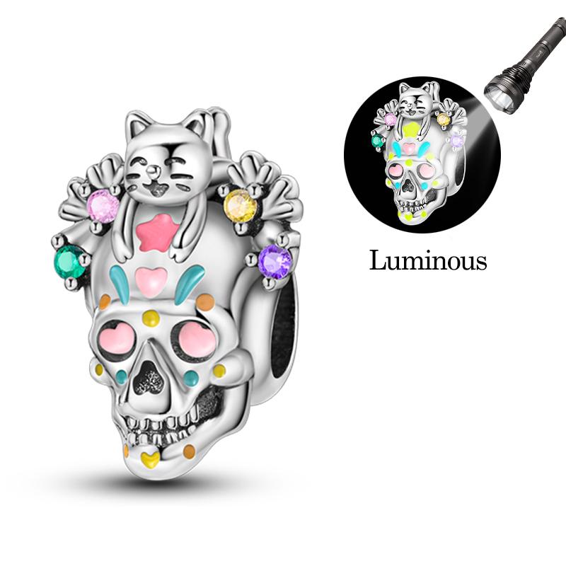 New Halloween Charms Beads 925 Silver Red Rose Black Butterfly Spider Luminous Skull Pendant For Bracelet DIY Jewelry Gifts