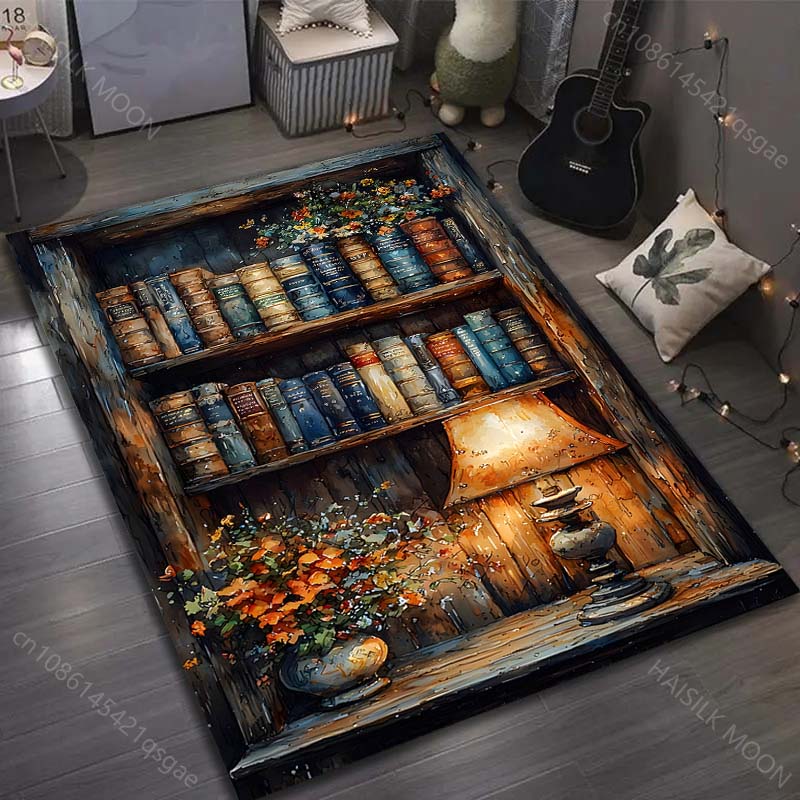 1 Stück Bücherregal Ölgemälde Stil Druck Teppich für Schlafzimmer Wohnzimmer Bettseite Sofa Bodenmatte Moderne Heimdekoration Bereichsteppich