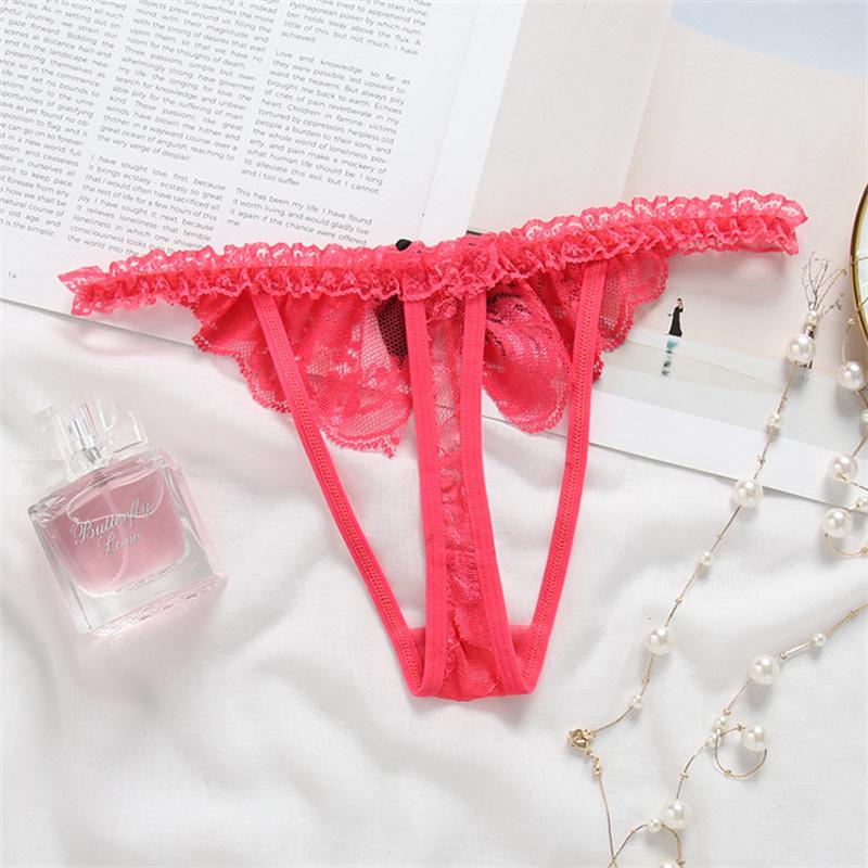 Sexy Women Open Crotch Thongs Lace Panties G-string Pearl Decor Underwear