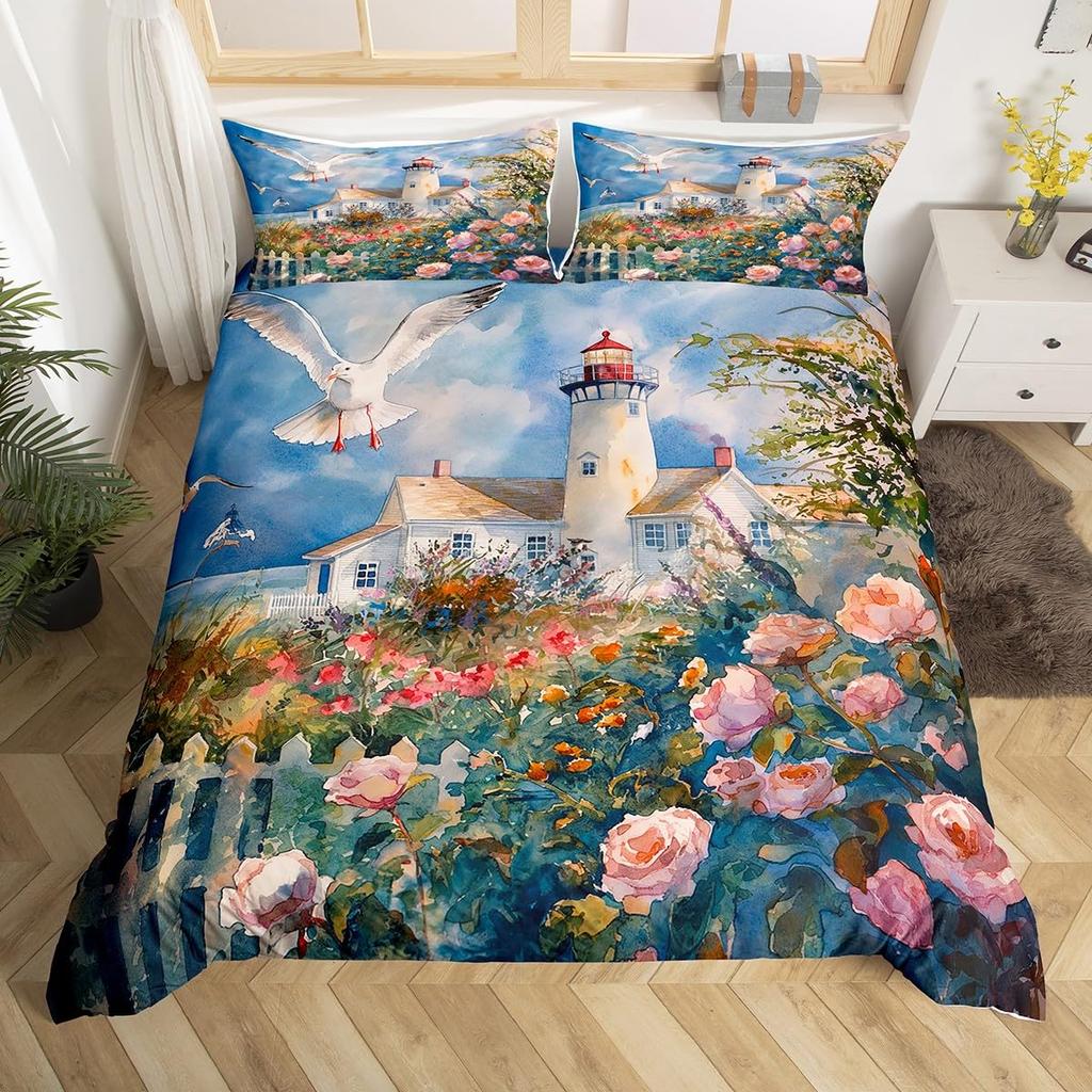 Kuststad Landskap Sängkläder Set Blommor Rustikt Påslakan Kuststil Ö Sängöverkast Havslandskap Quiltöverdrag