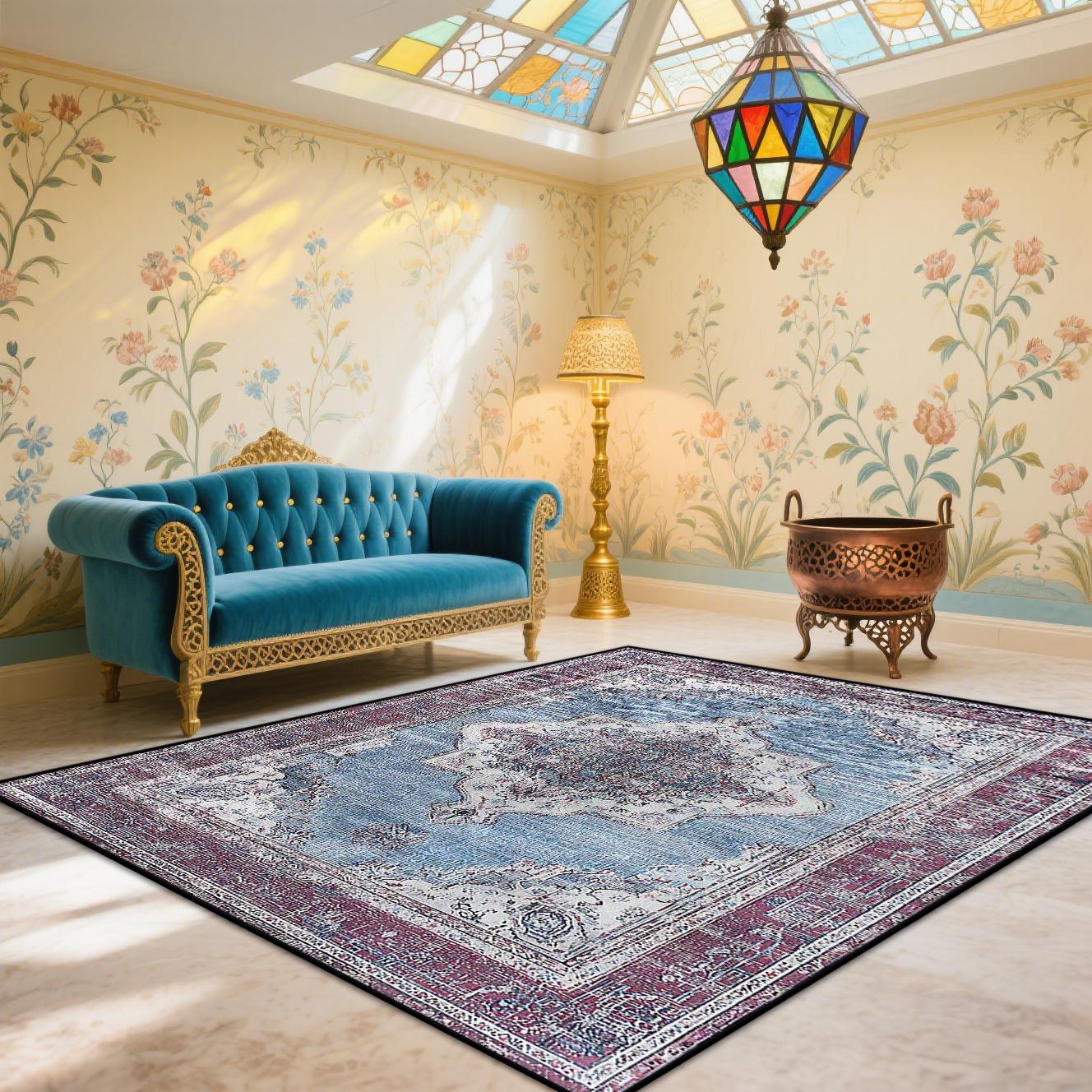 

Persian Retro Living Room Carpet Blue Luxury Home Decoration Sofa Area Rugs Bedroom Lounge Easy Clean Washable Soft Floor Mat 60x90cm