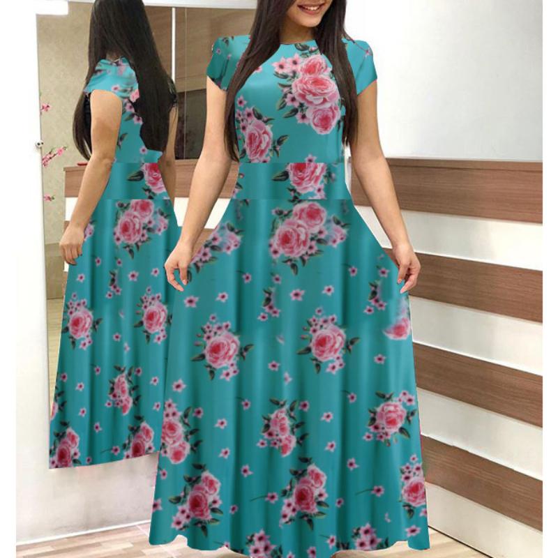 GMXIA Böhmisches Kleid mit Blumenmuster, kurzen Ärmeln, für Damen, Herbst/Winter, lange Kleider, Rundhalsausschnitt, großer Schwung